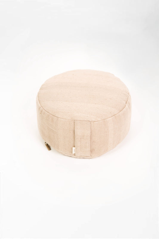 photo d'un bolster rond Mahola en coton bio marron, soutien confortable et écologique